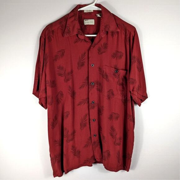 Natural Issue Mens M Rayon Camp Shirt Red Palm Leaf Print Button Front Silky Top - Picture 1 of 6